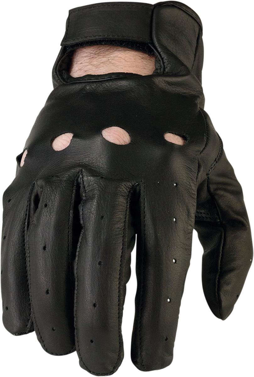 Black Z1R 243 motorcycle gloves in medium size, showing reinforced knuckles and textured palm for grip and protection.