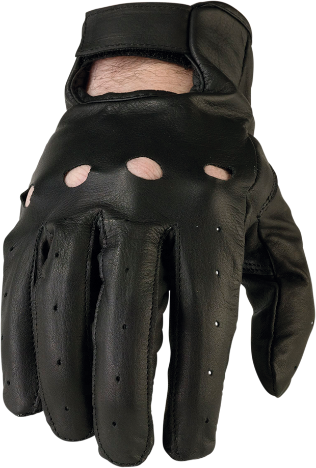 Black Z1R 243 motorcycle gloves in medium size, showing reinforced knuckles and textured palm for grip and protection.