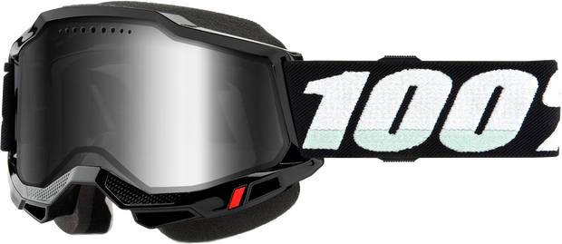 Accuri 2 snowmobile goggles by 100-PERCENT with clear lens and black frame, designed for winter sports and snowmobile riding.