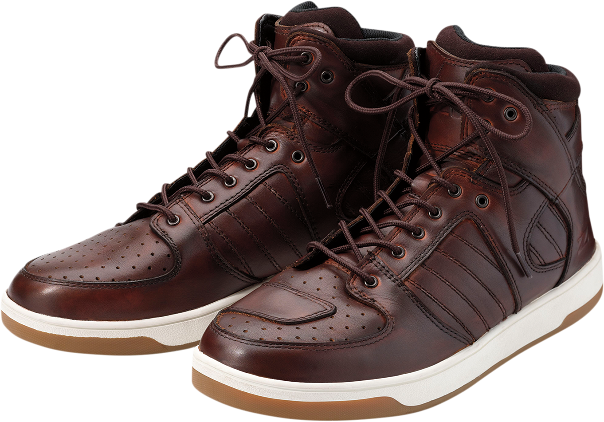 Z1R Frontline brown motorcycle boots, US size 8, sturdy leather construction with ankle protection, side zipper closure.