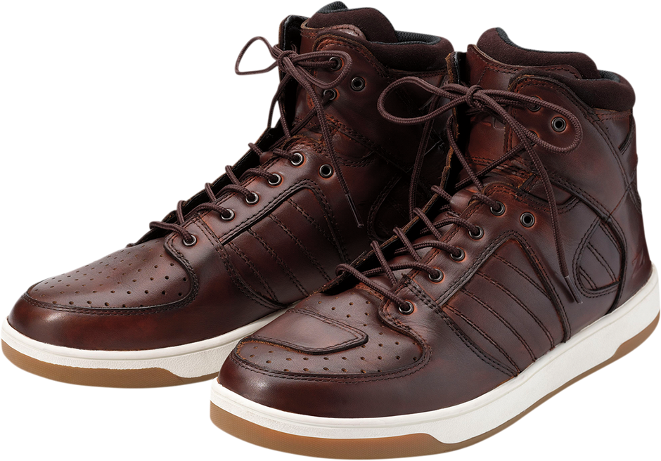 Z1R Frontline brown motorcycle boots, US size 8, sturdy leather construction with ankle protection, side zipper closure.