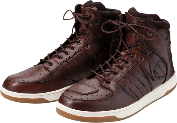 Z1R Frontline brown motorcycle boots, US size 8, sturdy leather construction with ankle protection, side zipper closure.