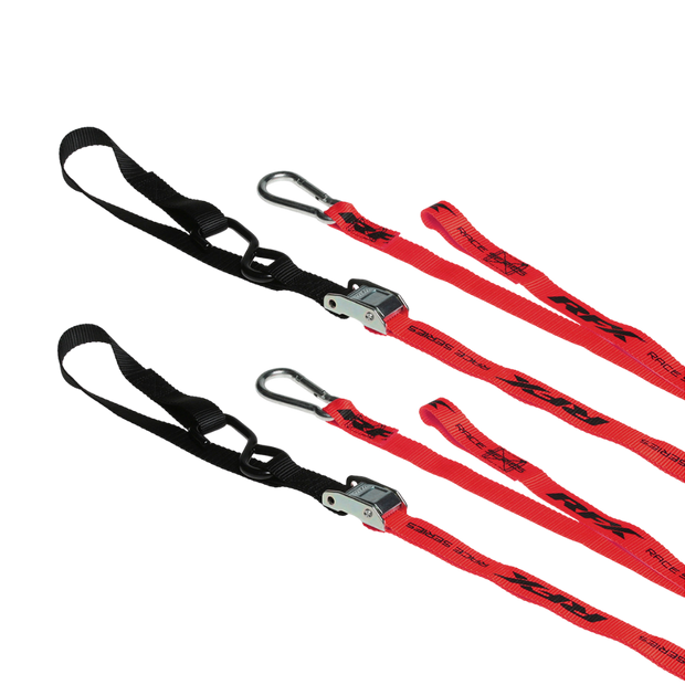 RFX 1.0 Tie Downs with soft loop and carabiner, showing the durable straps and metal carabiner for securing cargo.