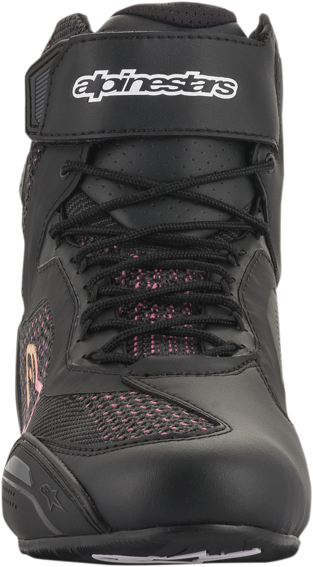 Alpinestars Stella Faster-3 Rideknit shoes in black, yellow, and pink, US 11.5, side view showing sporty design and breathable knit material.