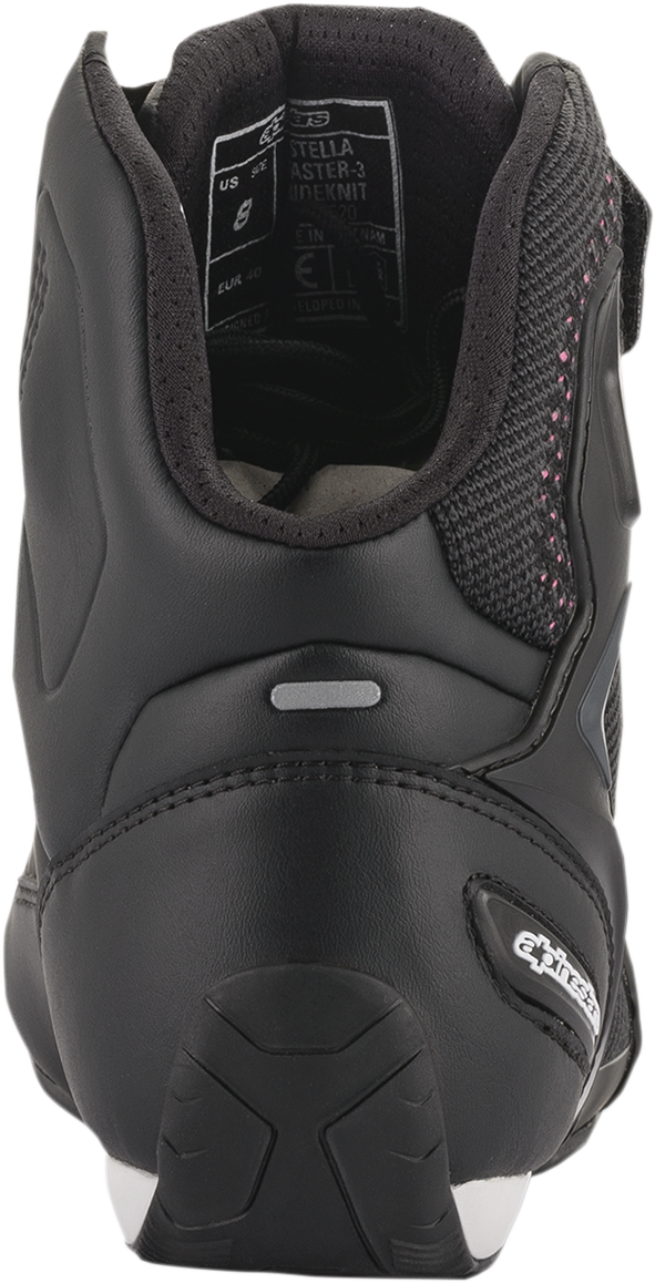 Alpinestars Stella Faster-3 Rideknit shoes in black, yellow, and pink, US 11.5, featuring sporty design and breathable Rideknit material.