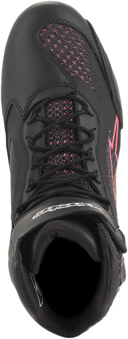 Black, yellow, and pink Alpinestars Stella Faster-3 Rideknit shoes in US 11.5 / EU 44, showcasing breathable rideknit material and sporty design.