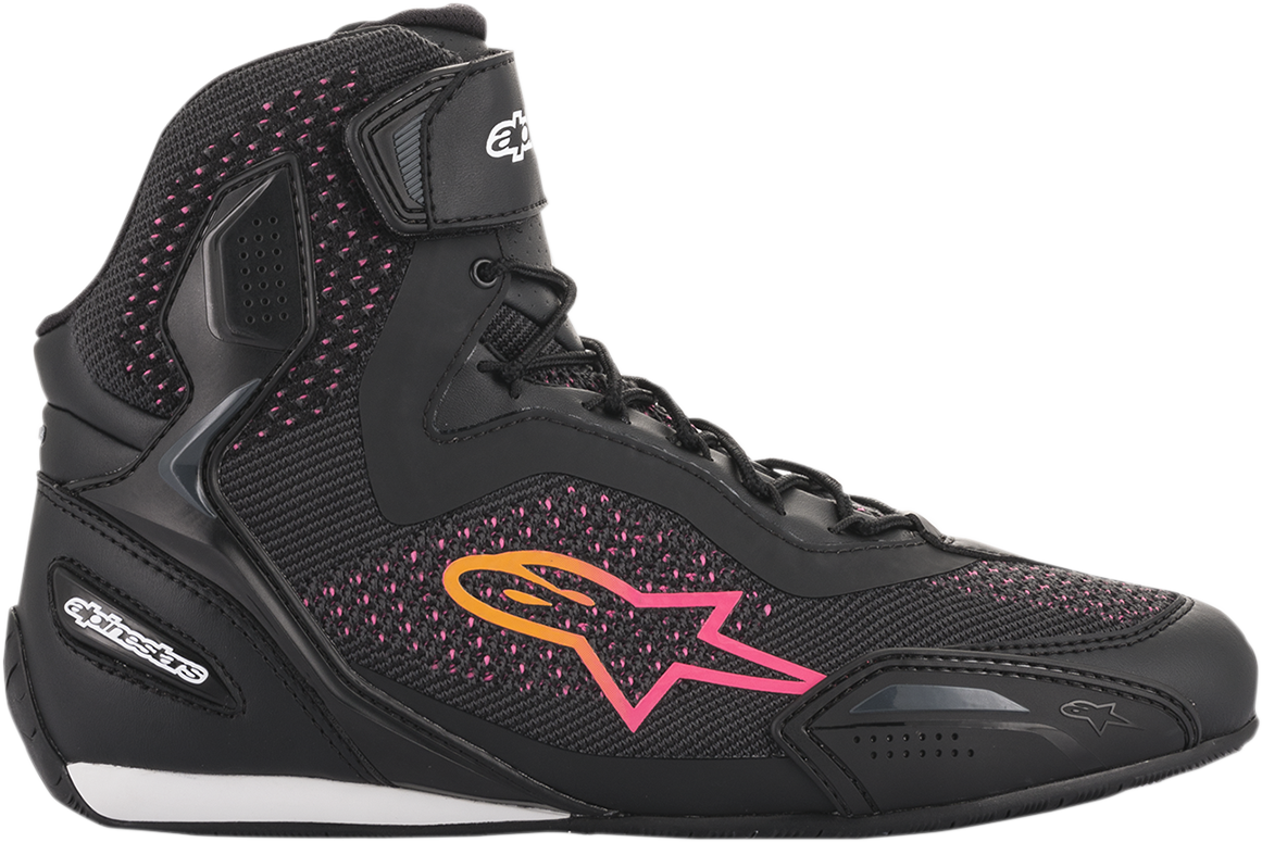 Alpinestars Stella Faster-3 Rideknit shoes in black, yellow, and pink, US 11.5, featuring stylish, sporty design and breathable knit material.