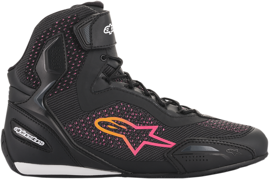 Alpinestars Stella Faster-3 Rideknit shoes in black, yellow, and pink, US 11.5, featuring stylish, sporty design and breathable knit material.
