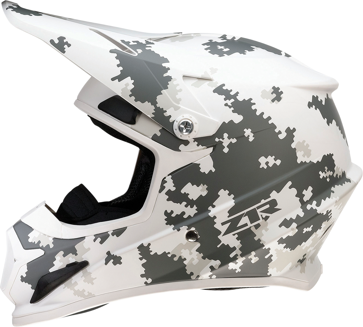 Z1R Rise snow helmet in Digi Camo design, white and gray, full face modular helmet for snow sports, large size.