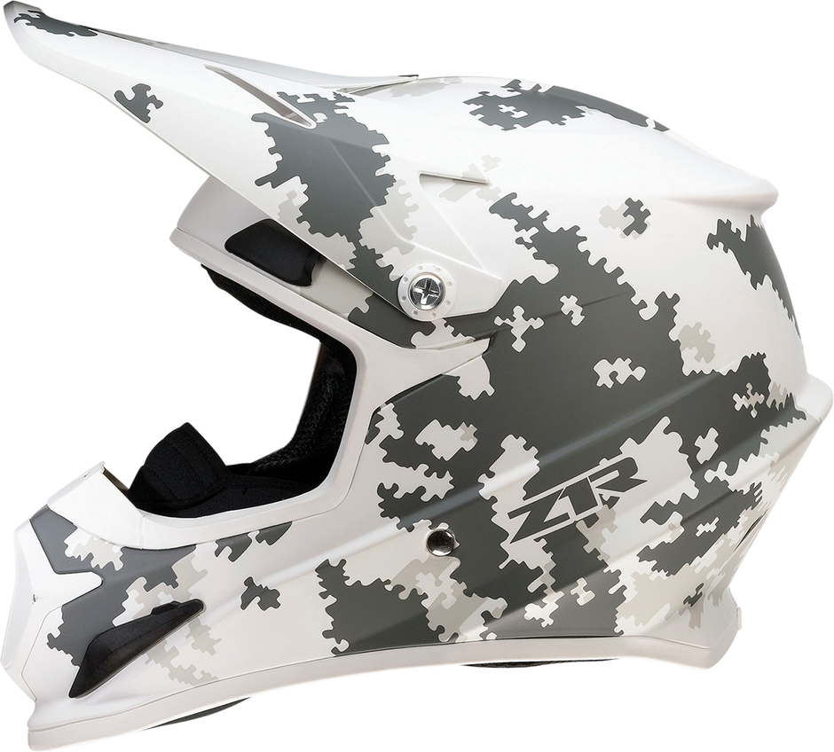 Z1R Rise snow helmet in Digi Camo design, white and gray, full face modular helmet for snow sports, large size.