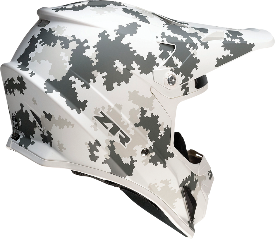 Z1R Rise Digi Camo snow full face modular helmet in white and gray, large size, with sleek design and venting features.