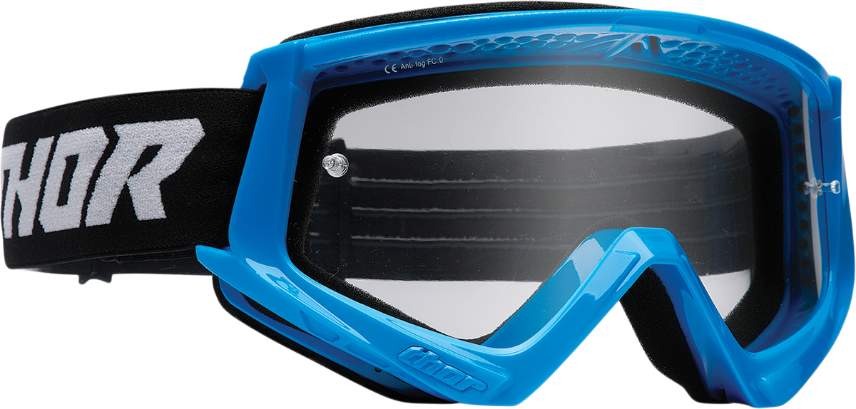 Blue and black THOR Youth Combat Goggle Racer eyewear with adjustable strap and protective lens for active sports.