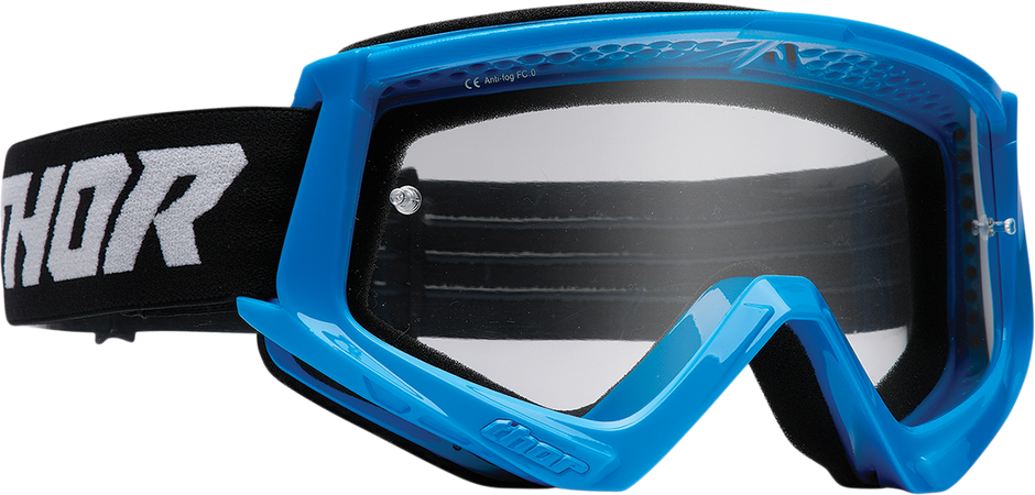 Blue and black THOR Youth Combat Goggle Racer eyewear with adjustable strap and protective lens for active sports.