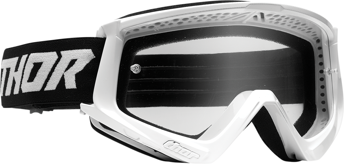 Youth combat goggles by THOR in white and black, designed for racing with a sleek, aerodynamic fit.