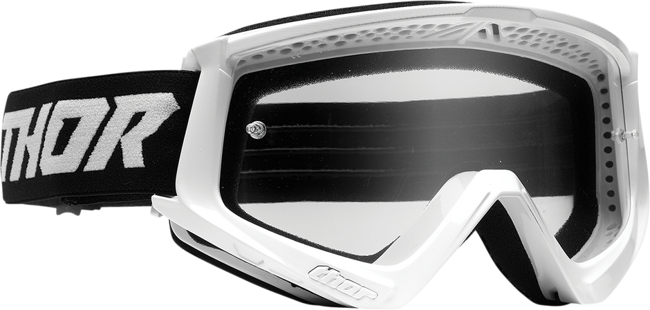 Youth combat goggles by THOR in white and black, designed for racing with a sleek, aerodynamic fit.