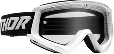 Youth combat goggles by THOR in white and black, designed for racing with a sleek, aerodynamic fit.