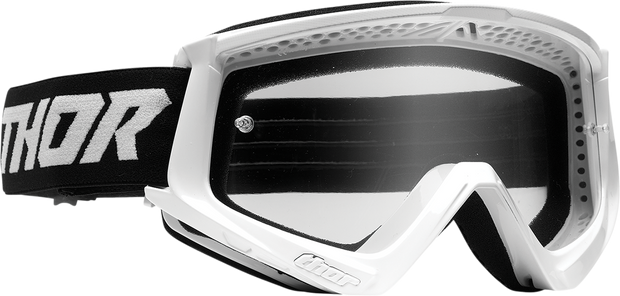 Youth combat goggles by THOR in white and black, designed for racing with a sleek, aerodynamic fit.