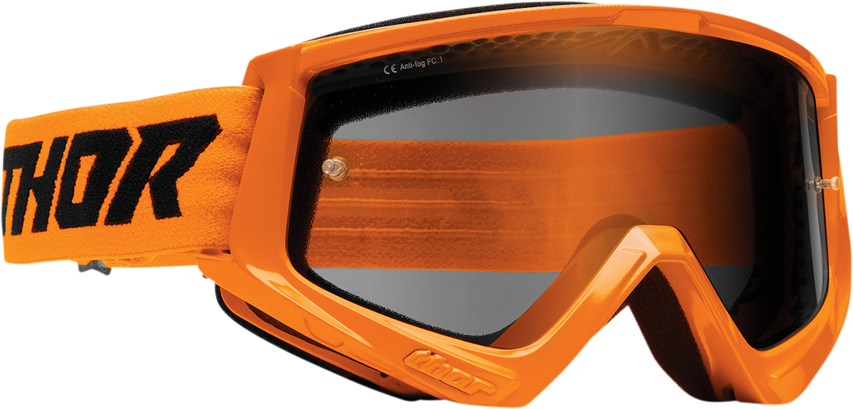 THOR Combat Sand Goggle Racer Flo Orange/Black with smoke lens, durable sports eyewear for motocross and off-road riding.