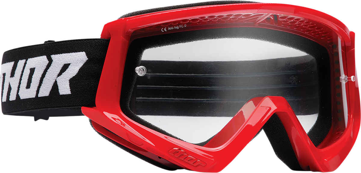 THOR Combat Racer goggles in red and black with clear lenses, designed for motocross and racing eyewear.