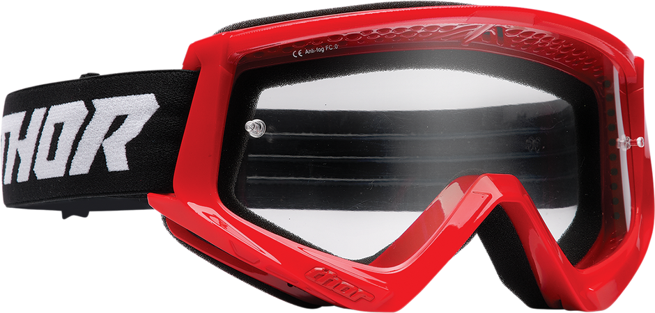 THOR Combat Racer goggles in red and black with clear lenses, designed for motocross and racing eyewear.