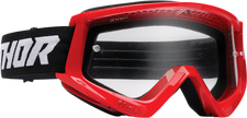 THOR Combat Racer goggles in red and black with clear lenses, designed for motocross and racing eyewear.