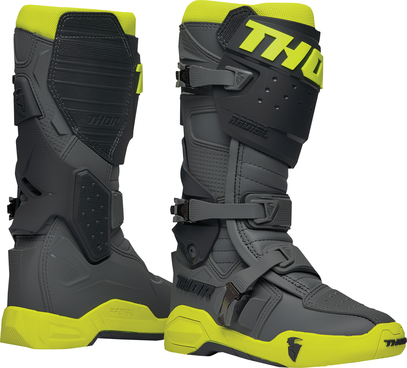 Gray and fluorescent yellow THOR Radial Boots size 7, showcasing durable motocross footwear with reinforced soles.