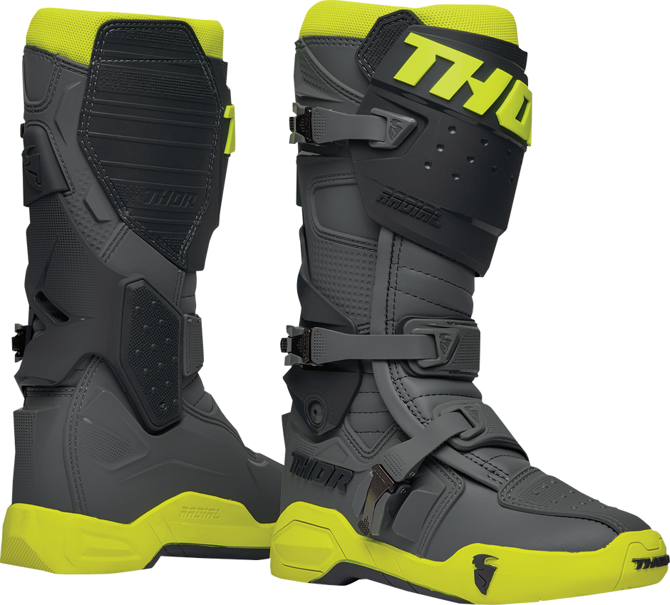 Gray and fluorescent yellow THOR Radial Boots size 7, showcasing durable motocross footwear with reinforced soles.