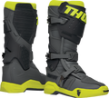 Gray and fluorescent yellow THOR Radial Boots size 7, showcasing durable motocross footwear with reinforced soles.