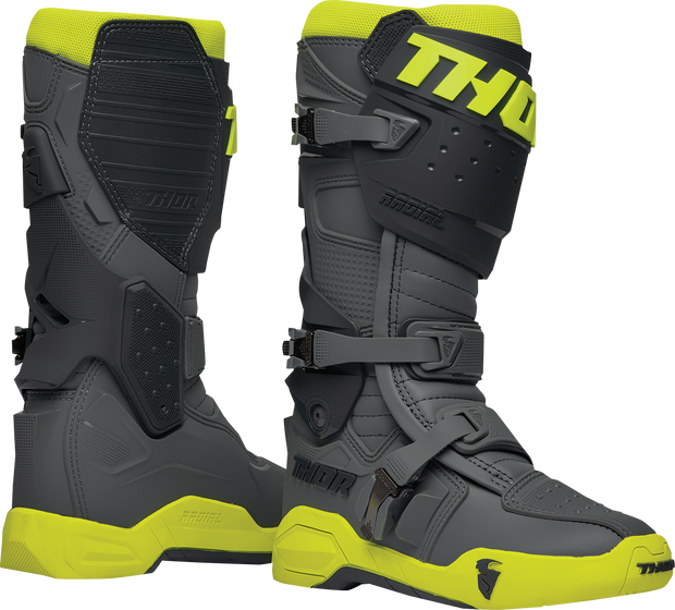 Gray and fluorescent yellow THOR Radial Boots size 7, showcasing durable motocross footwear with reinforced soles.