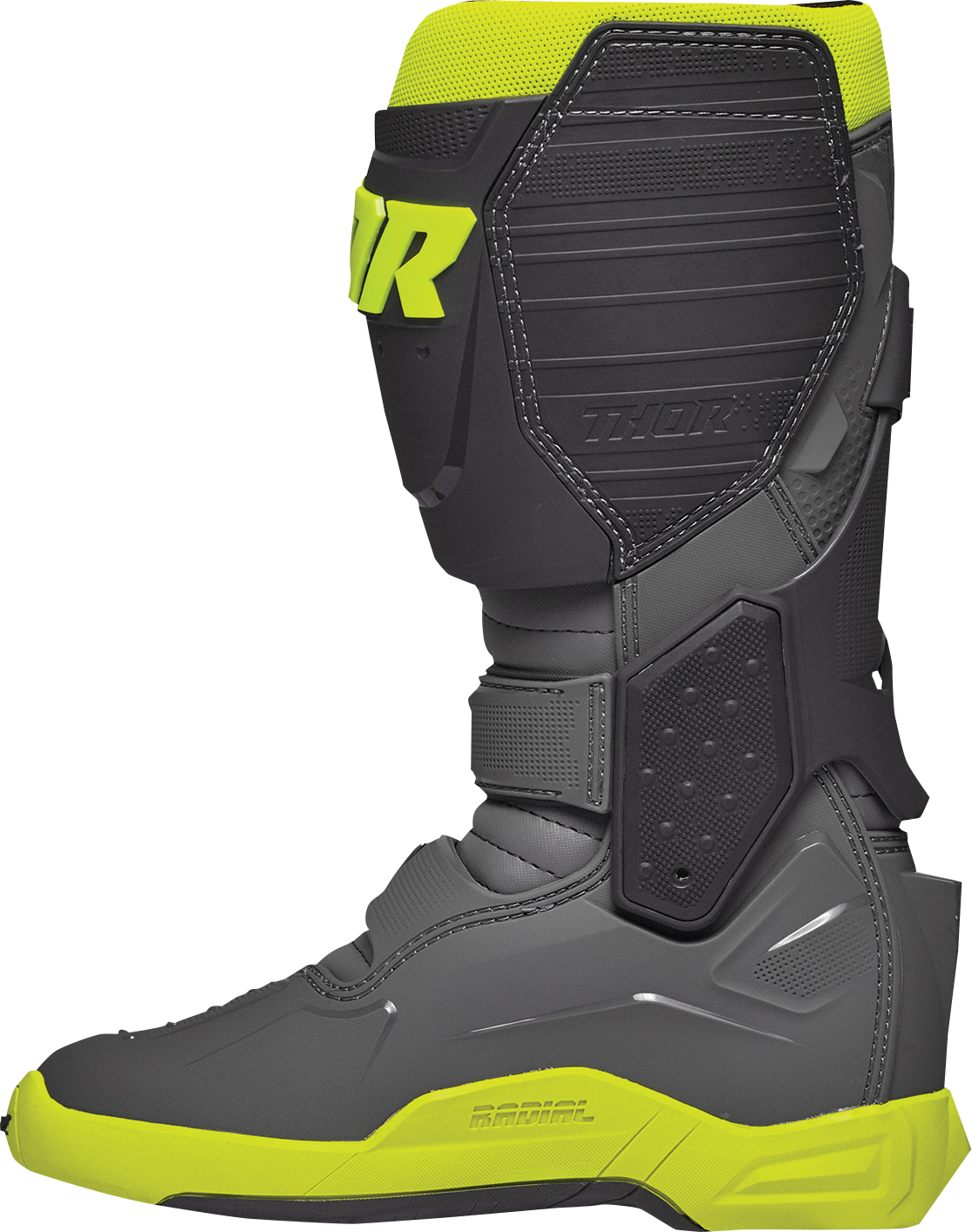 THOR Radial motorcycle boots in gray and fluorescent yellow, size 7, with sturdy design and protective features.