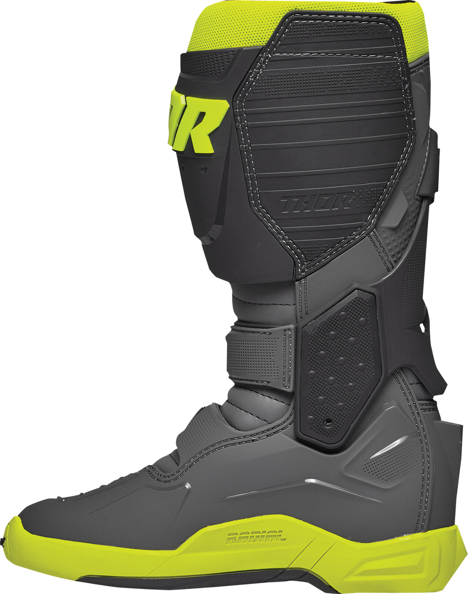 THOR Radial motorcycle boots in gray and fluorescent yellow, size 7, with sturdy design and protective features.