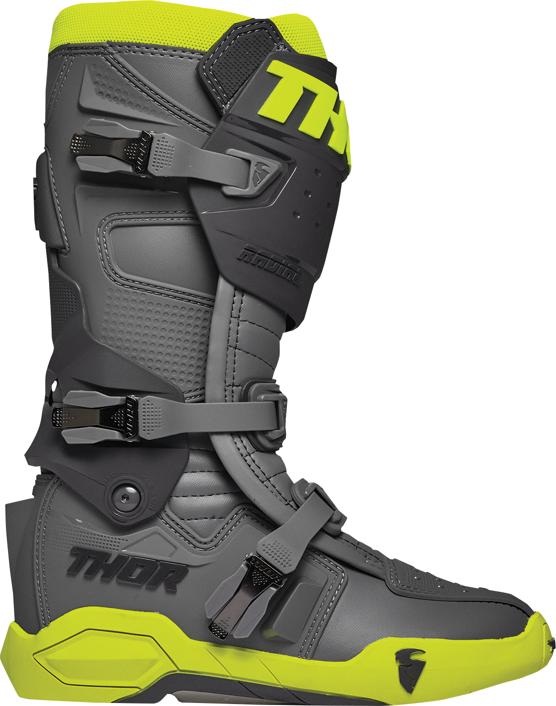 THOR Radial motorcycle boots in gray and fluorescent yellow, size 7, featuring protective design and durable construction.