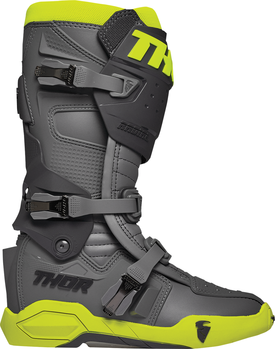 THOR Radial motorcycle boots in gray and fluorescent yellow, size 7, featuring protective design and durable construction.
