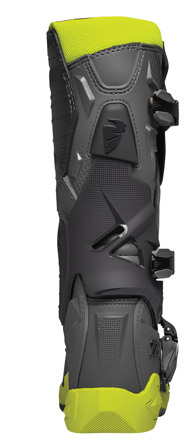 THOR Radial Boots in gray and fluorescent yellow, size 7, featuring durable motocross footwear with protective design.