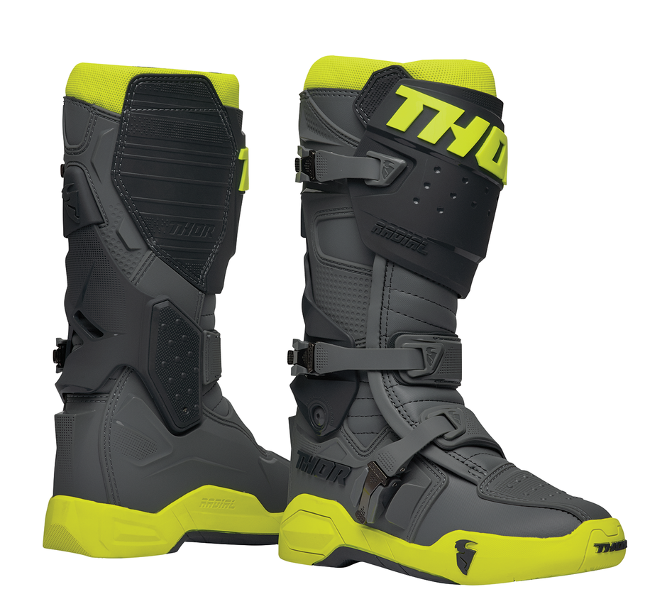 Gray and fluorescent yellow THOR Radial motorcycle boots in size 7, featuring durable construction and protective design.