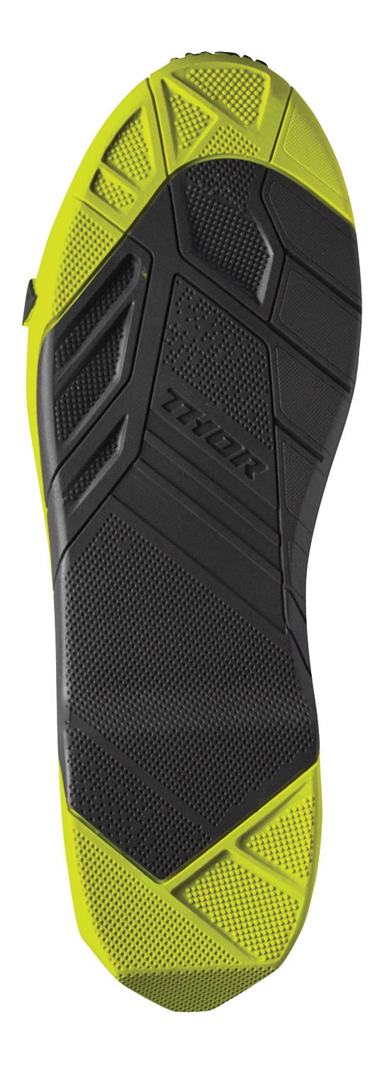 THOR Radial motorcycle boots in gray and fluorescent yellow, size 7, featuring protective design and sturdy construction.
