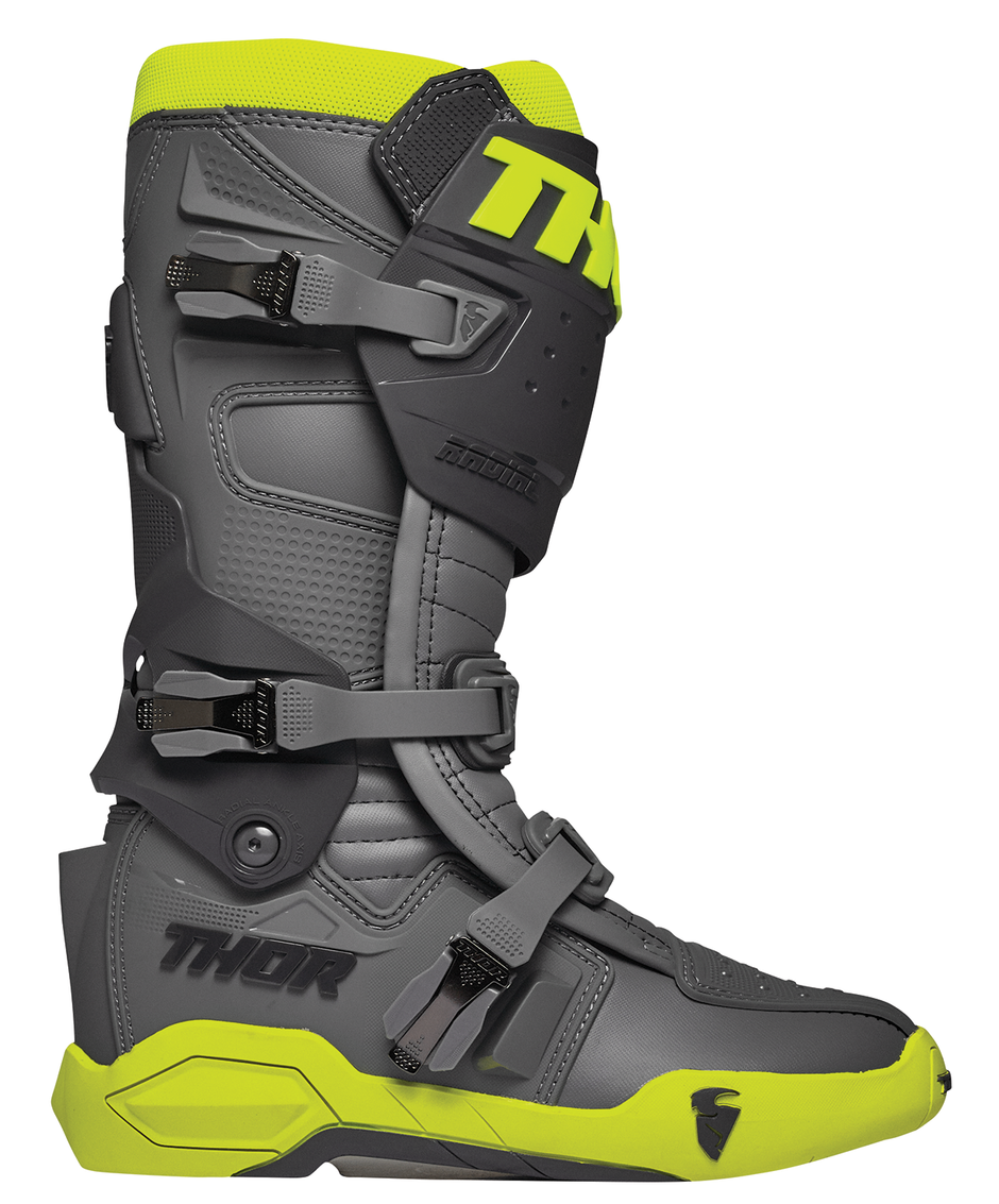 Gray and fluorescent yellow THOR Radial motorcycle boots in size 7 with protective features and durable construction.