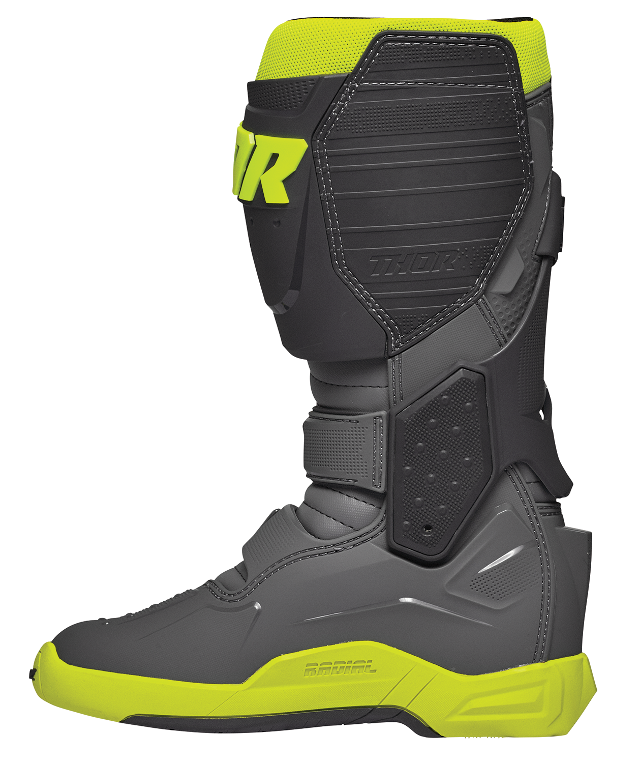 Gray and fluorescent yellow THOR Radial motorcycle boots, size 7, with protective features and sturdy design.