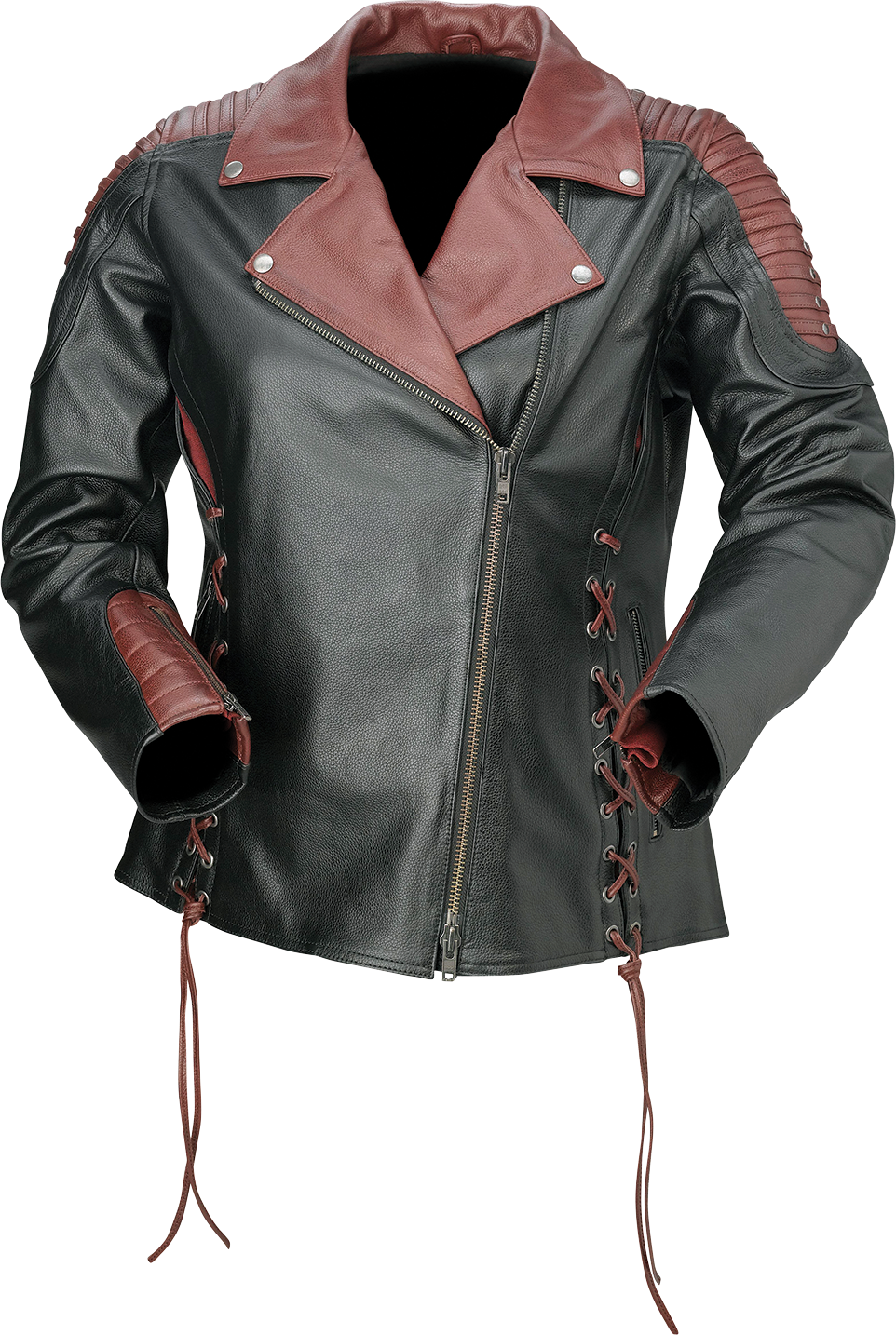 Z1R Women's Combiner leather jacket in black and red, medium size, featuring stylish streetwear design and durable leather material.