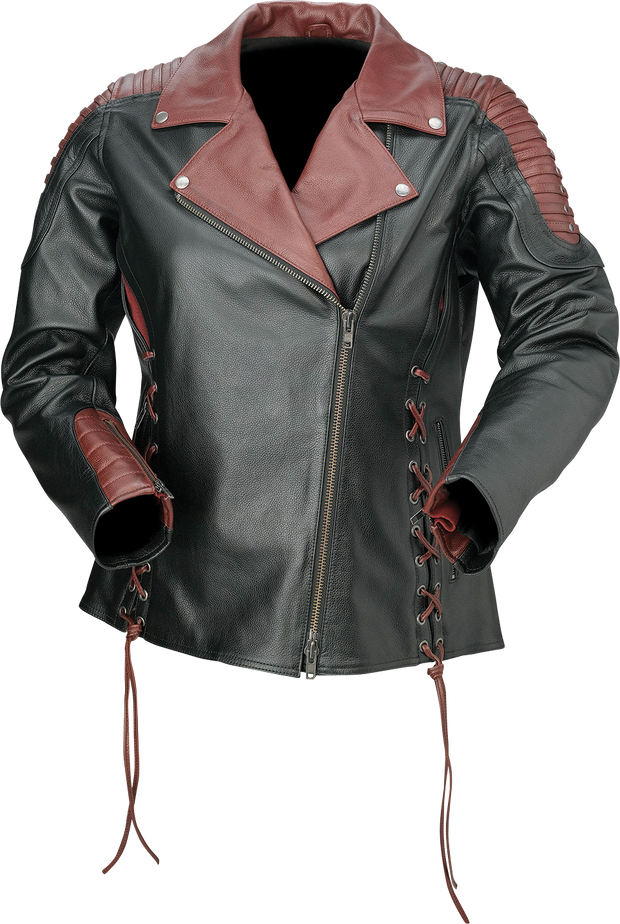 Z1R Women's Combiner leather jacket in black and red, medium size, featuring stylish streetwear design and durable leather material.