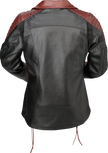 Z1R Women's black and red leather combiner jacket with medium size, featuring stylish streetwear design and detailed stitching.