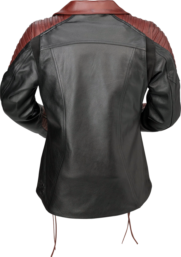Z1R Women's black and red leather combiner jacket with medium size, featuring stylish streetwear design and detailed stitching.