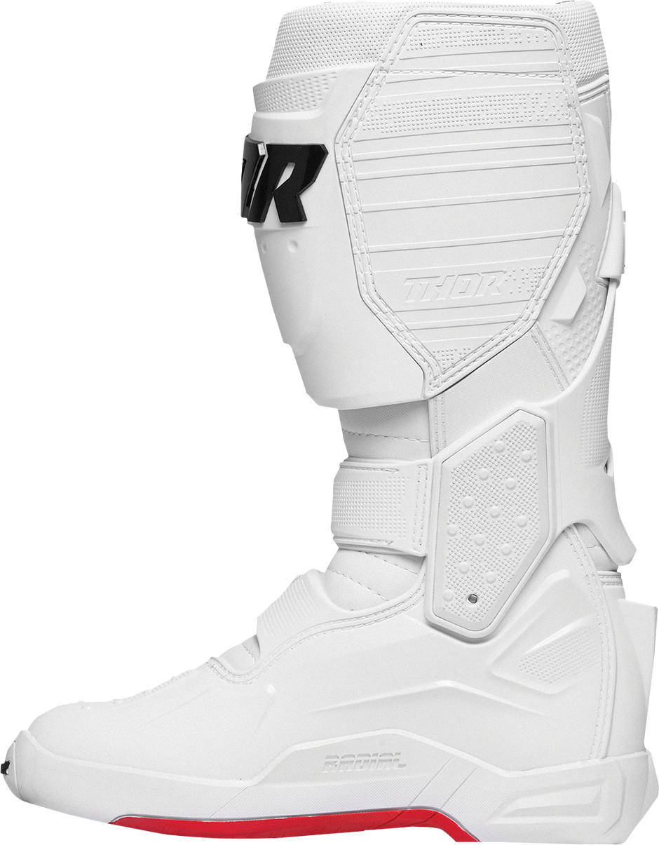 THOR Radial Frost boots size 7, black and white motocross footwear with protective design and sturdy sole.