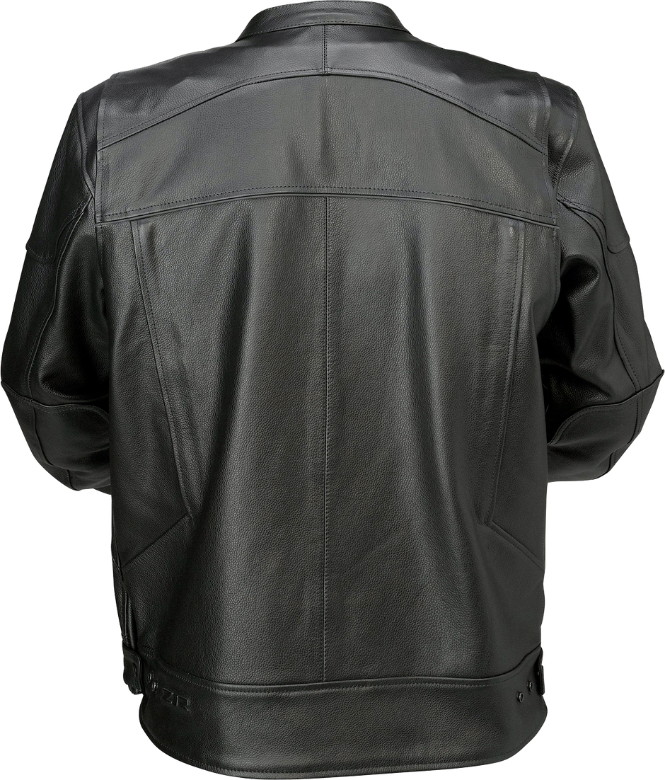 Black Z1R Justifier leather jacket in large size, featuring a sleek streetwear design with detailed stitching and a classic collar.