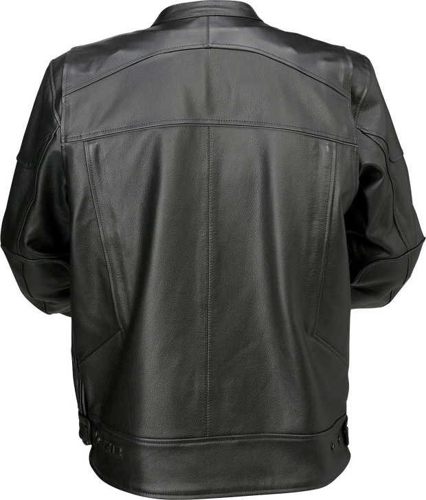 Black Z1R Justifier leather jacket in large size, featuring a sleek streetwear design with detailed stitching and a classic collar.