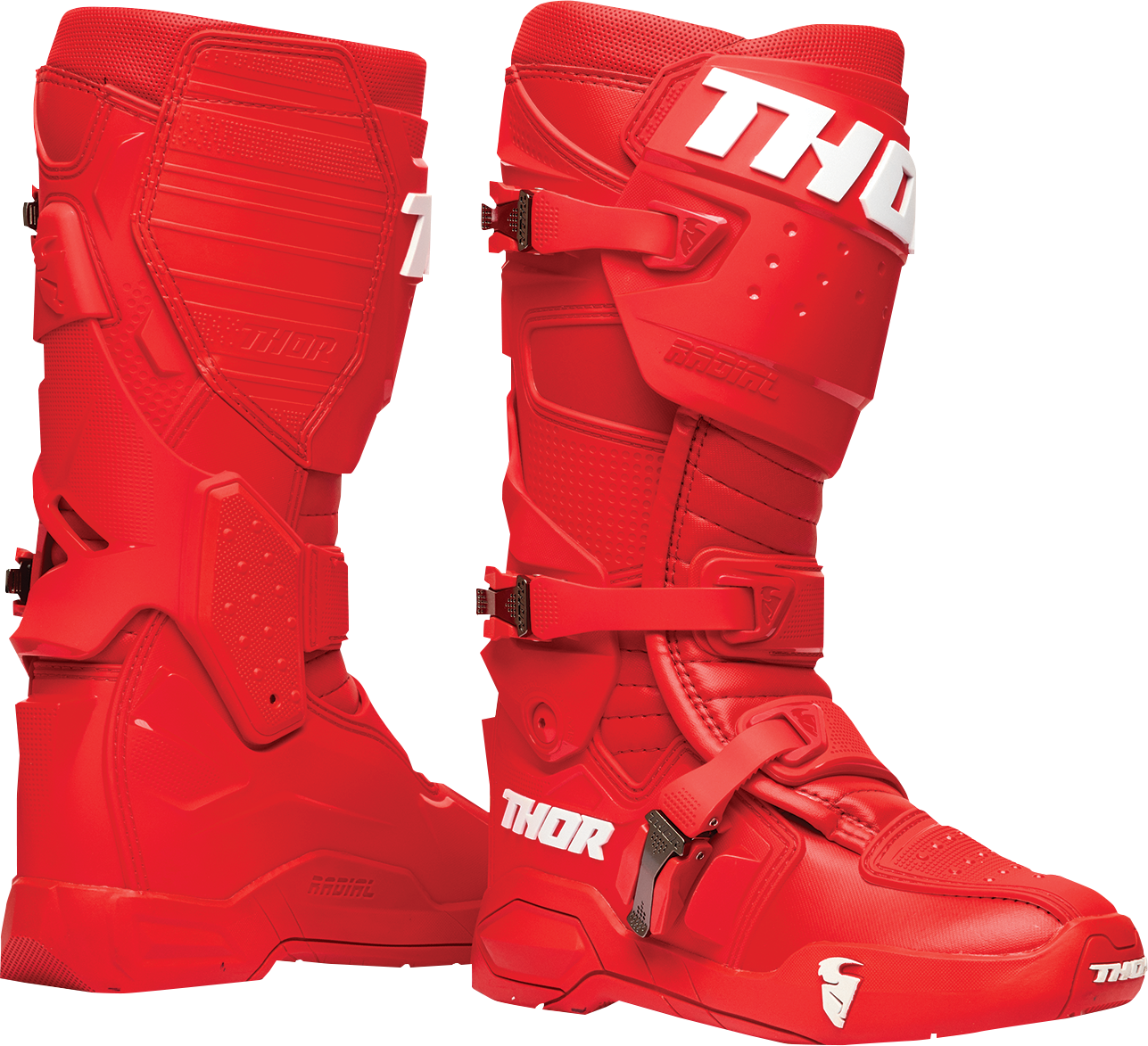 Red THOR Radial motorcycle boots in size 9 with rugged design and protective features, ideal for riding safety and style.