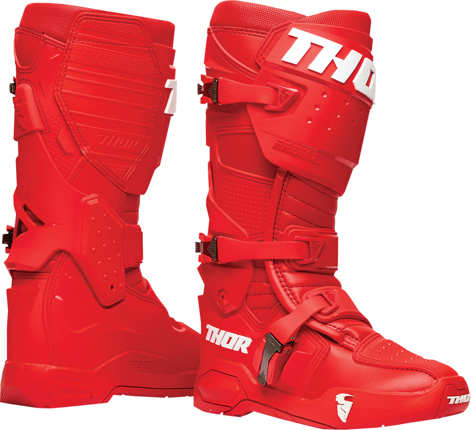 Red THOR Radial motorcycle boots in size 9 with rugged design and protective features, ideal for riding safety and style.