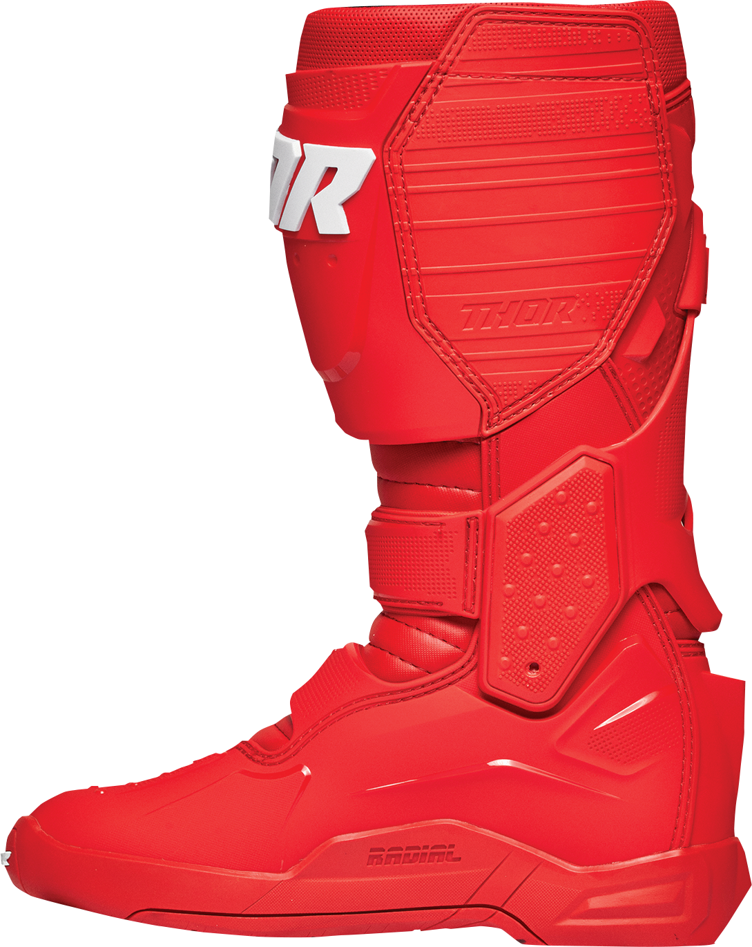Red THOR Radial motorcycle boots in size 9 with protective design and sturdy construction, perfect for riding.