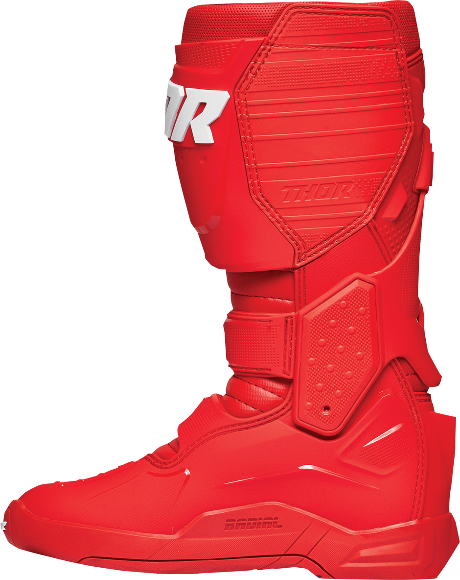 Red THOR Radial motorcycle boots in size 9 with protective design and sturdy construction, perfect for riding.