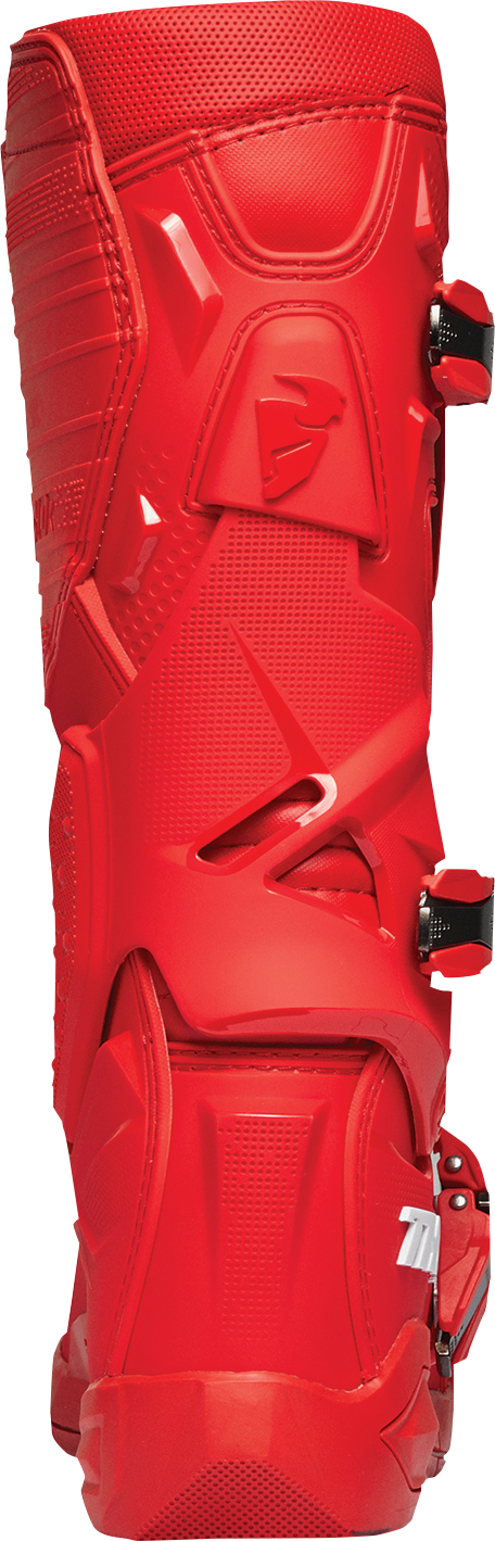 Red THOR Radial Boots in size 9, shown from the side with detailed straps and rugged sole, designed for motorcycle riding.